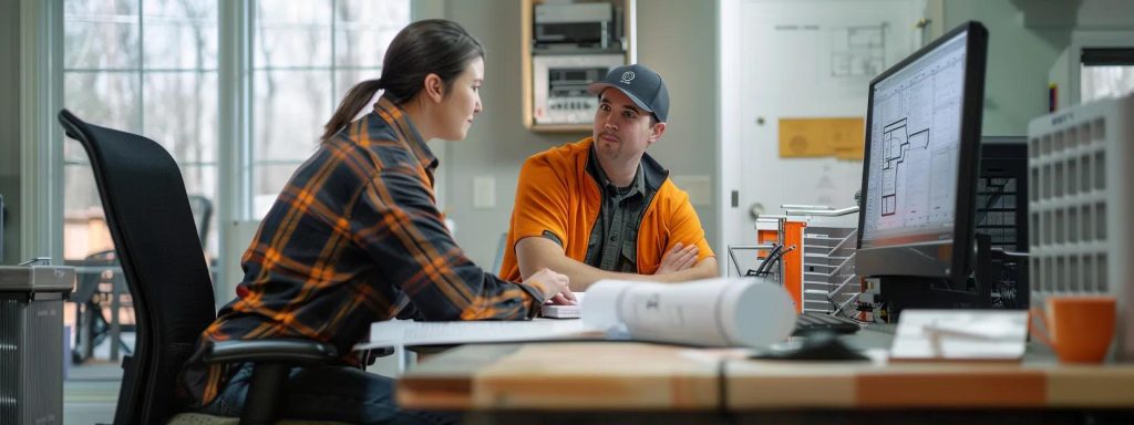 Two professionals discussing furnace installation plans in a modern office, with building plans on a computer screen and design documents on the table.