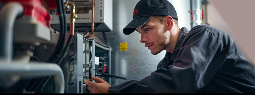 Professional technician inspecting furnace control panel, emphasizing expertise in furnace installation and maintenance services in Lake County, IN.