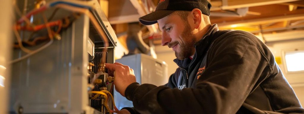 Professional HVAC technician servicing a furnace, showcasing expertise in energy-efficient heating solutions for homeowners in Lake County, IN.