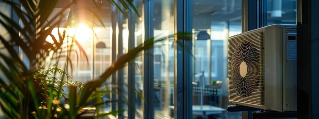 Modern air conditioning unit installed indoors, surrounded by greenery and illuminated by sunlight, emphasizing HVAC efficiency and summer maintenance.