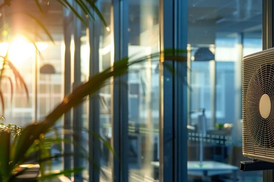 Sleek modern air conditioning unit installed in a sunlit indoor space, surrounded by glass walls and greenery, emphasizing efficient cooling solutions for summer comfort.