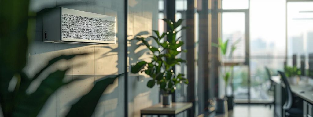 Sleek modern air conditioning unit mounted on a wall in a bright, plant-filled office setting, emphasizing efficient cooling for summer maintenance.