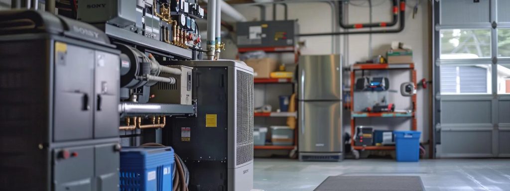 Sleek modern furnace installation in a garage setting, showcasing efficient heating solutions for homes and businesses in Lake County, IN.