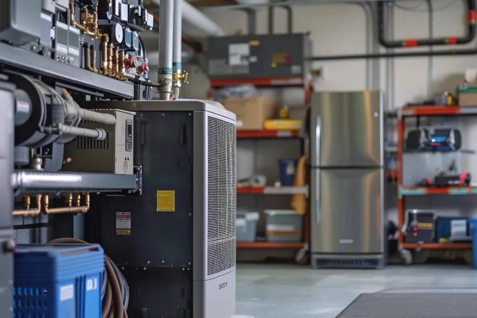 Modern furnace installation in a service garage, showcasing HVAC equipment and tools, relevant to expert heating solutions for Lake County homeowners.