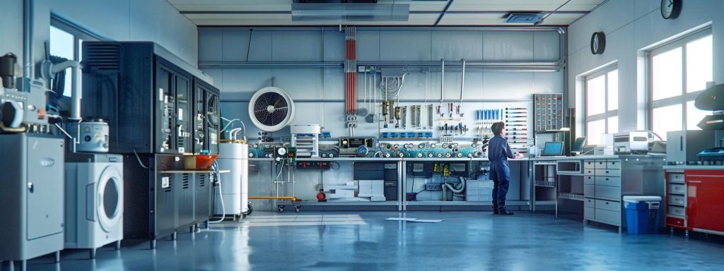 HVAC service workshop with diagnostic equipment, tools, and a technician working on air conditioning systems, emphasizing professional repair and maintenance.