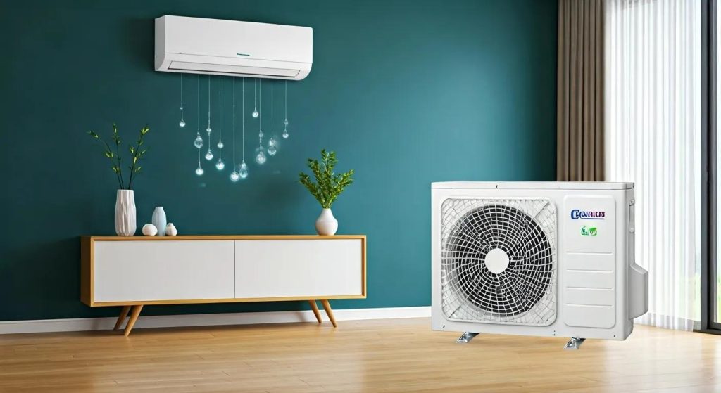 Modern air conditioning unit in a cozy living room, highlighting comfort and efficiency