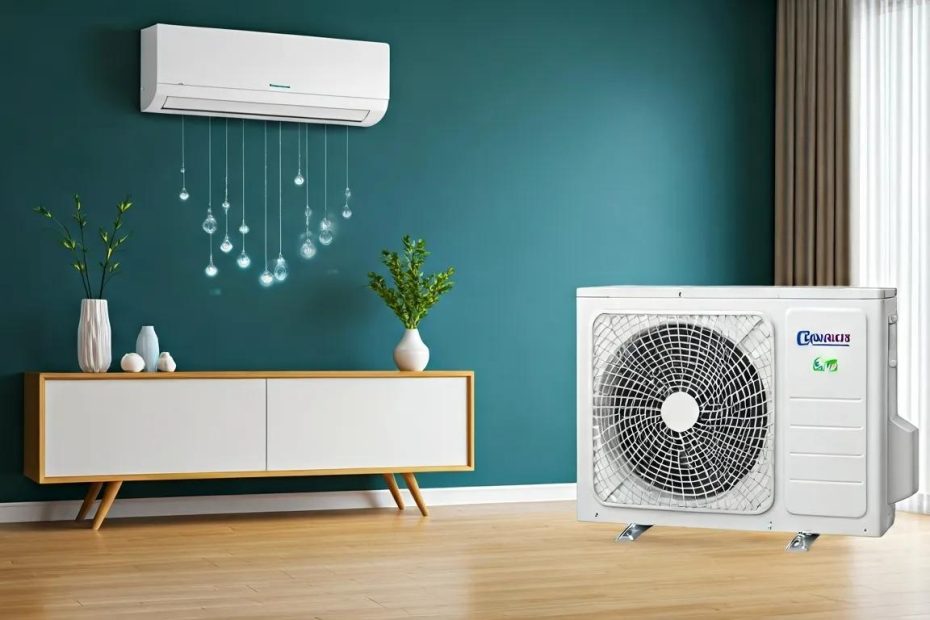 Modern air conditioning unit in a cozy living room, highlighting comfort and efficiency
