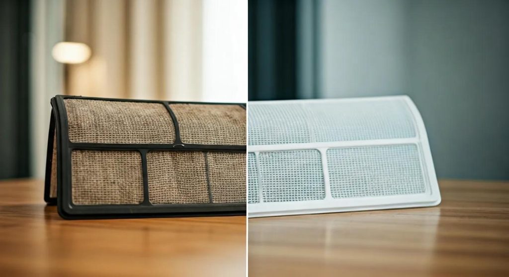 Comparison of dirty and clean air filters, highlighting the impact on airflow and AC performance
