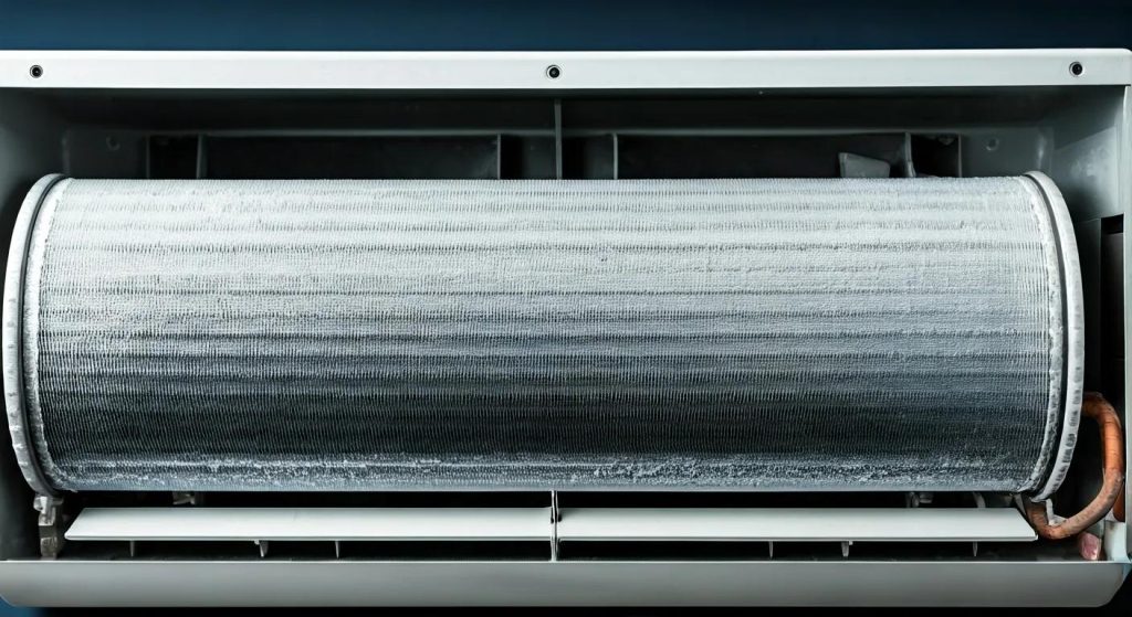 Evaporator coil with ice buildup, illustrating cooling problems in air conditioning systems
