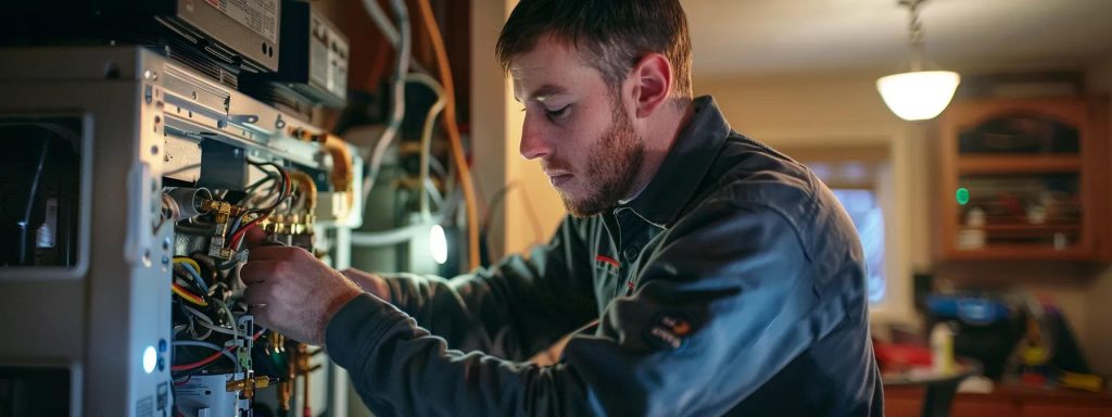 a clean, modern hvac technician in a professional uniform works diligently on an open furnace panel inside a cozy, warmly-lit residential home, showcasing a sense of trust and reliability amidst the winter context.