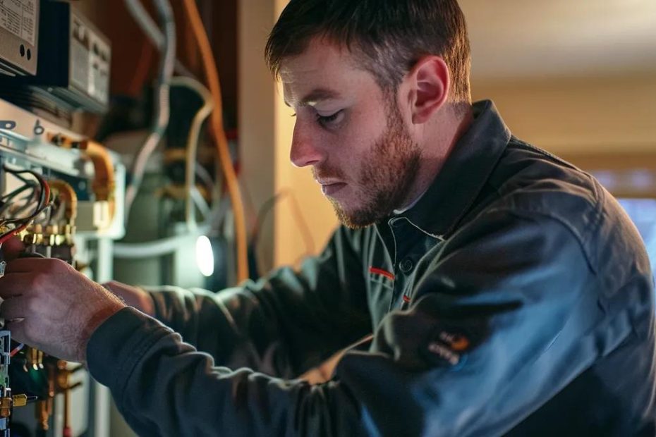 a clean, modern hvac technician in a professional uniform works diligently on an open furnace panel inside a cozy, warmly-lit residential home, showcasing a sense of trust and reliability amidst the winter context.