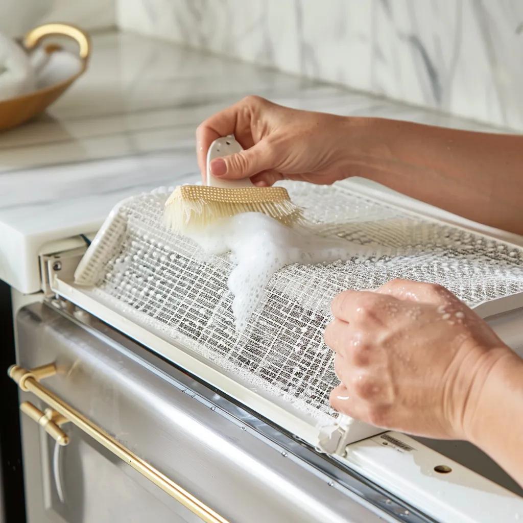 Step-by-step cleaning process of a washable AC filter demonstrating safe and effective techniques