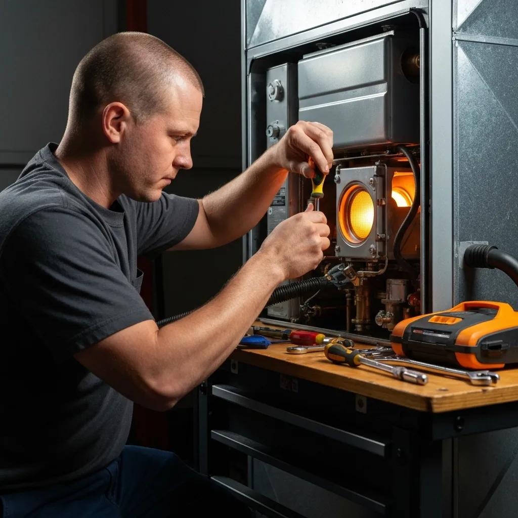 Technician performing a furnace tune-up, emphasizing professional maintenance and safety