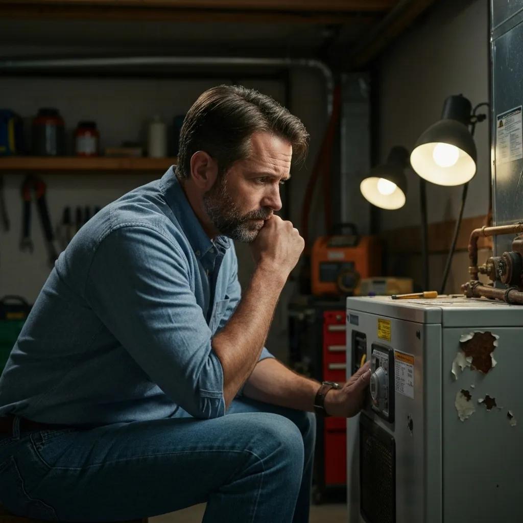 Homeowner inspecting furnace for repair signs, highlighting maintenance awareness and safety