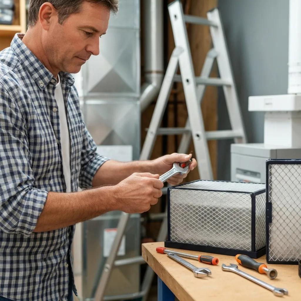 Homeowner replacing air filter during a fall furnace checkup, emphasizing DIY maintenance