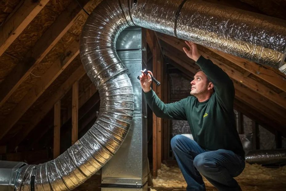 Homeowner inspecting ductwork for leaks in an attic, highlighting DIY home maintenance