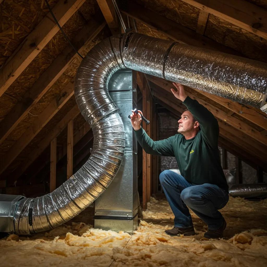 Homeowner inspecting ductwork for leaks in an attic, highlighting DIY home maintenance