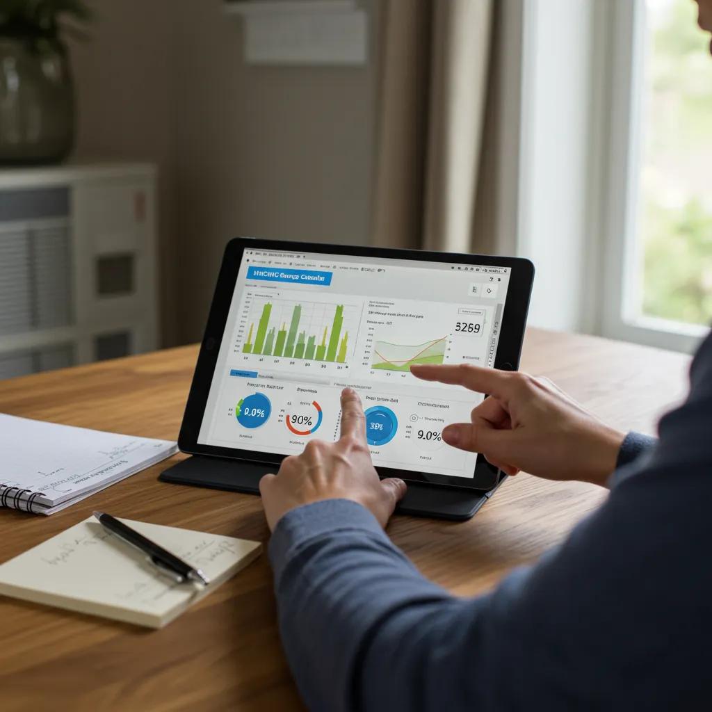 Homeowner using an HVAC savings calculator in a bright home office
