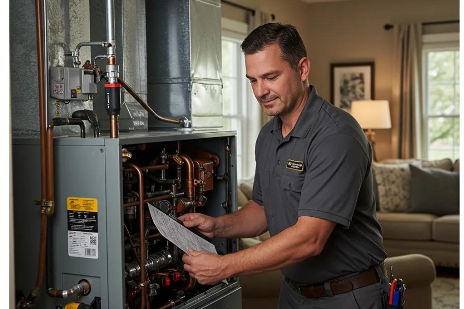 HVAC technician performing maintenance on a furnace in a cozy home environment