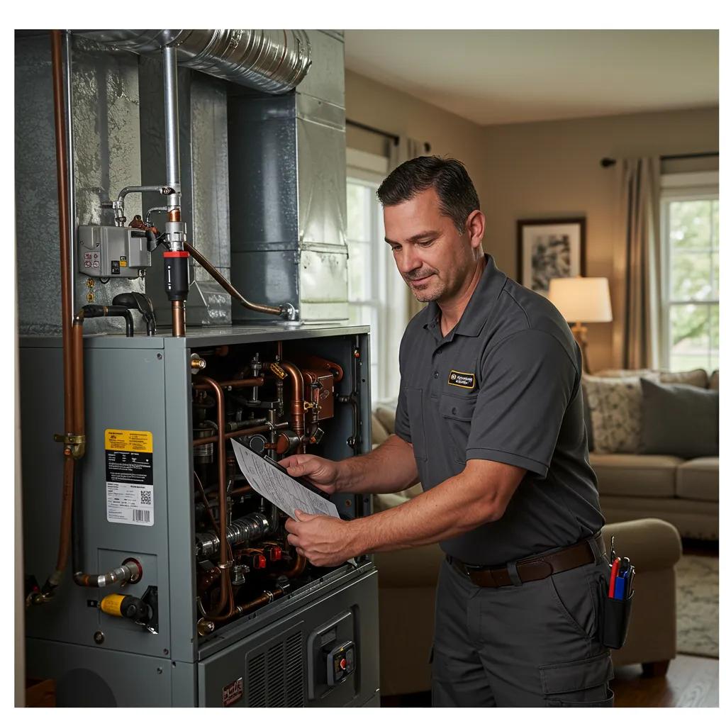HVAC technician performing maintenance on a furnace in a cozy home environment