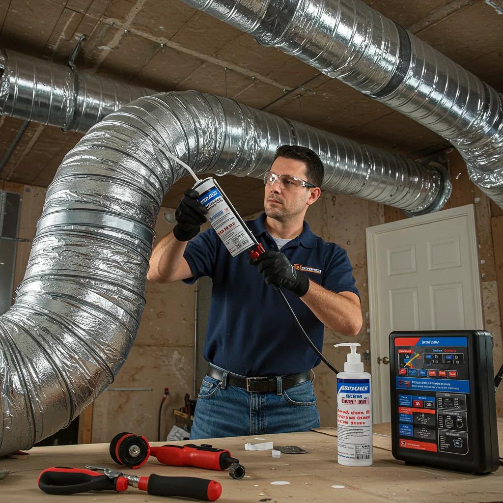 HVAC technician sealing ductwork with advanced technology, showcasing professional duct sealing benefits