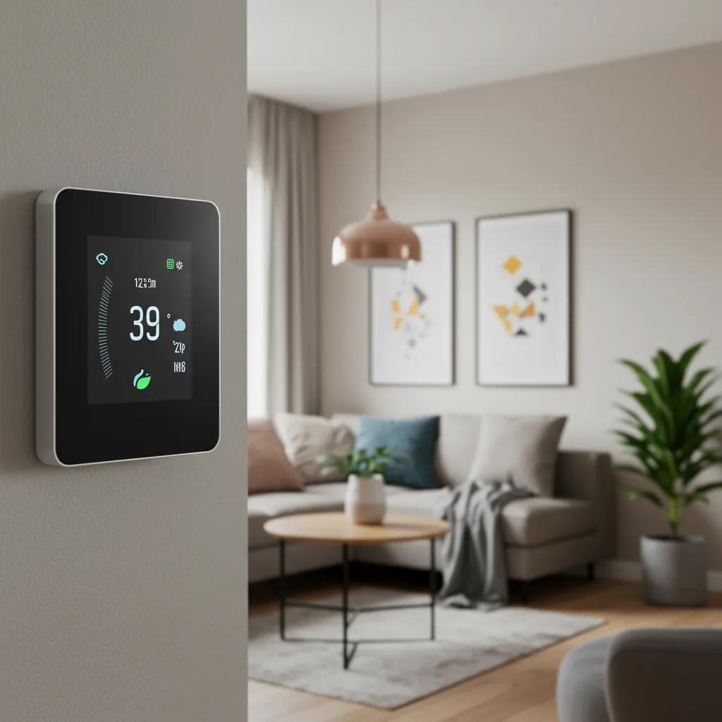 Smart thermostat in a stylish living room showing energy-efficient settings