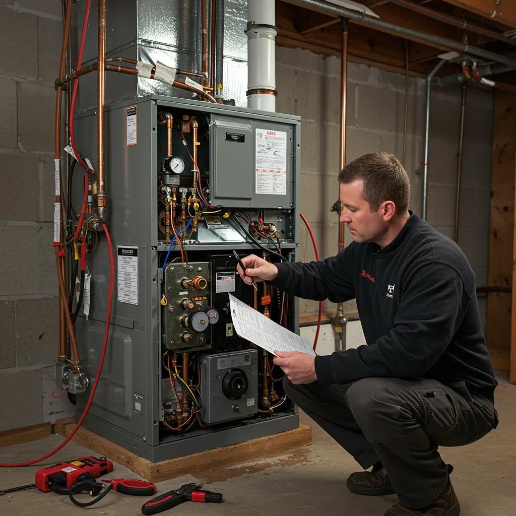 Technician inspecting a worn furnace in a residential basement
