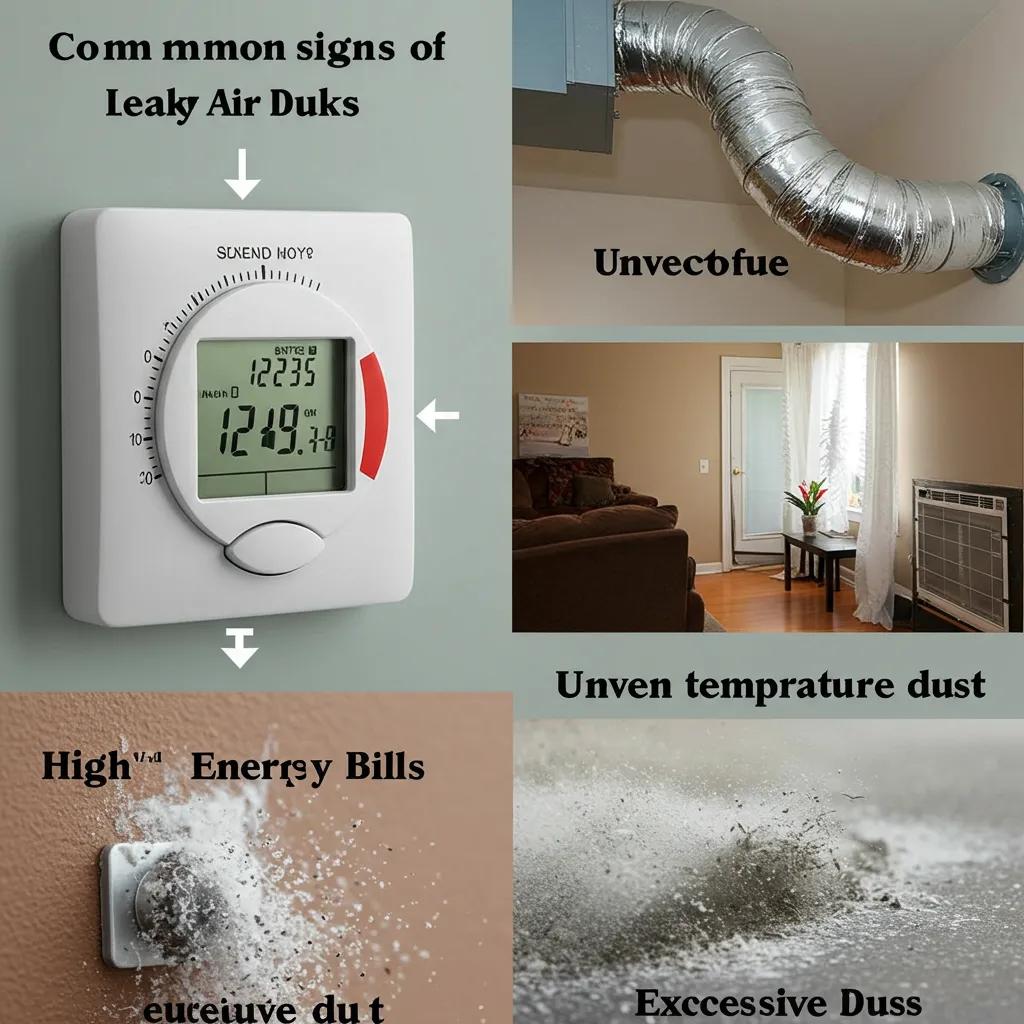 Visual representation of signs indicating leaky air ducts, including high energy bills and dust accumulation