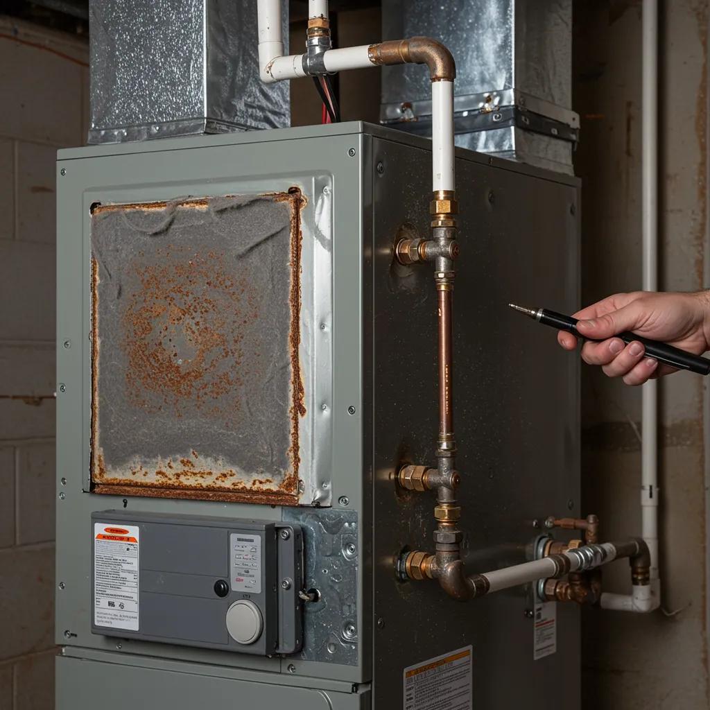 Close-up of a furnace showing signs of wear, illustrating the importance of recognizing repair needs before winter