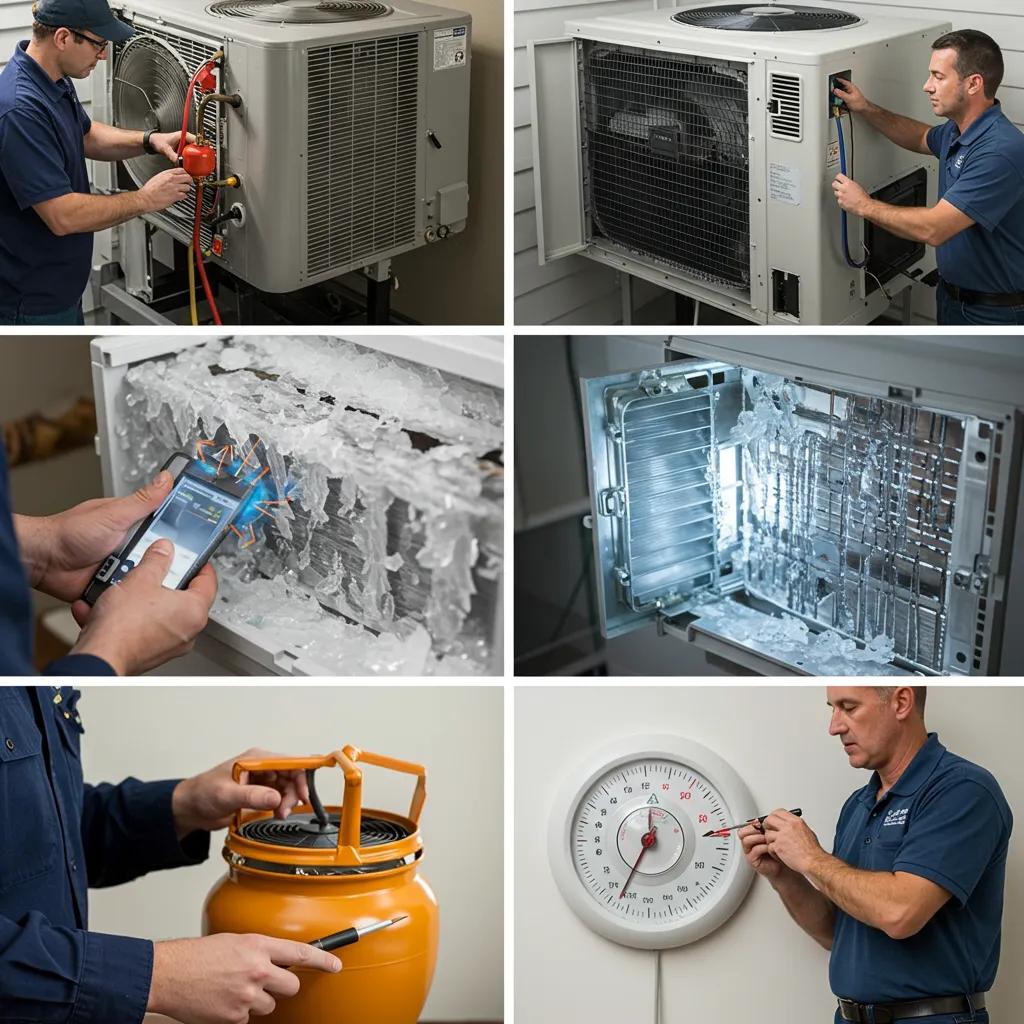 Technician diagnosing common air conditioning issues like refrigerant leaks, frozen coils, and thermostat malfunctions