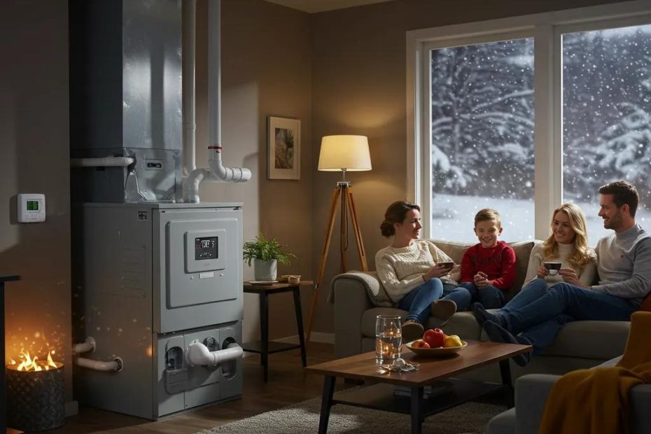 Cozy home interior with a well-maintained furnace, highlighting winter preparation for homeowners