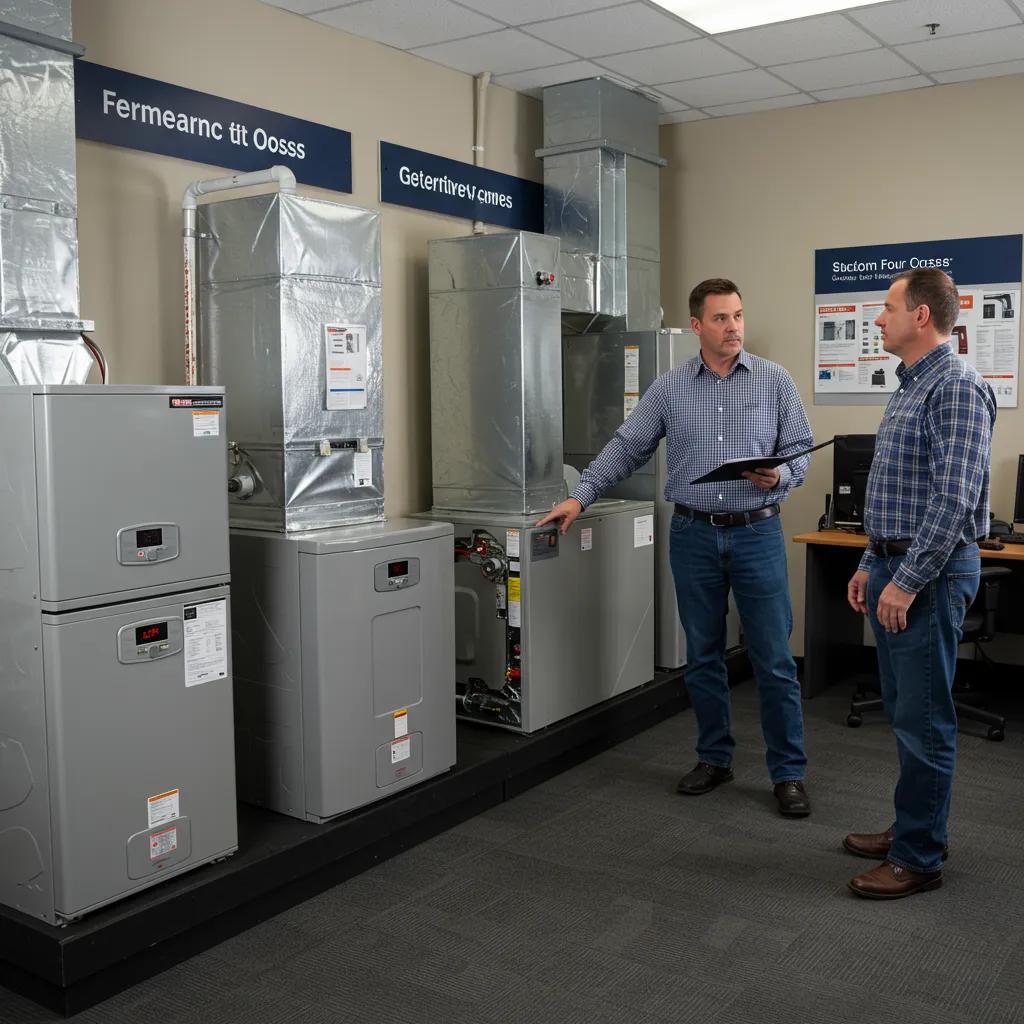 Homeowner consulting with technician about furnace options in a well-organized showroom