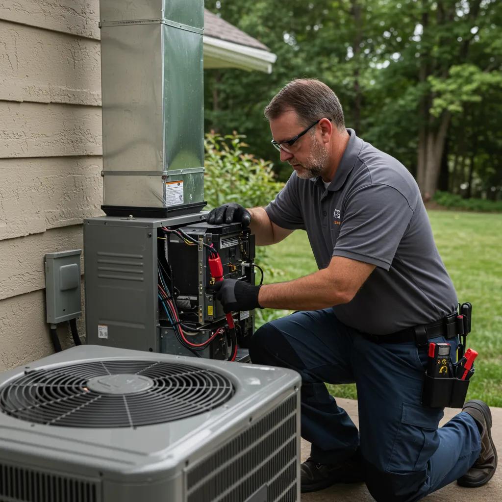 HVAC technician repairing an air conditioning unit in a residential home, showcasing expert AC repair services