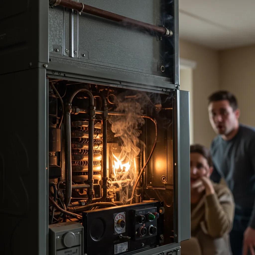 Malfunctioning furnace with signs of distress and a concerned homeowner