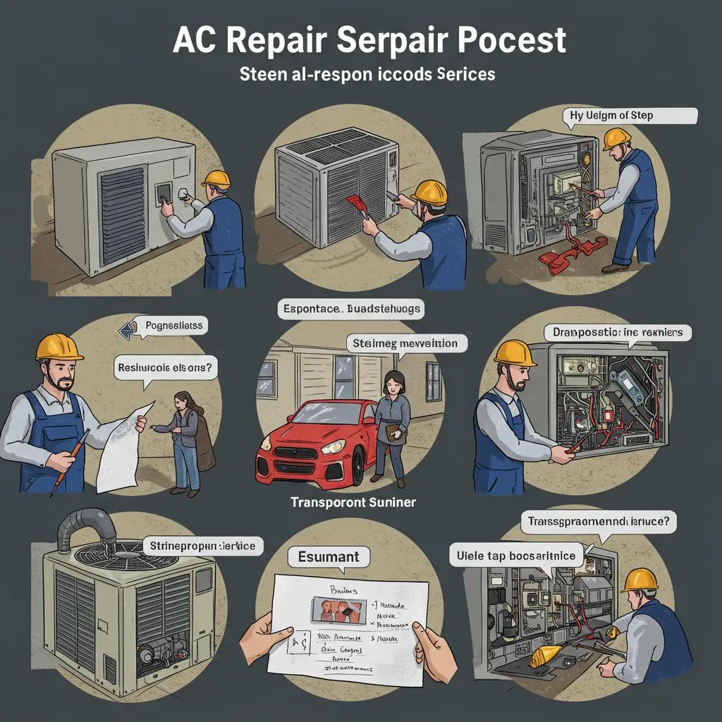 Our AC repair process: diagnostic inspection, clear estimate, and skilled technician performing the repair