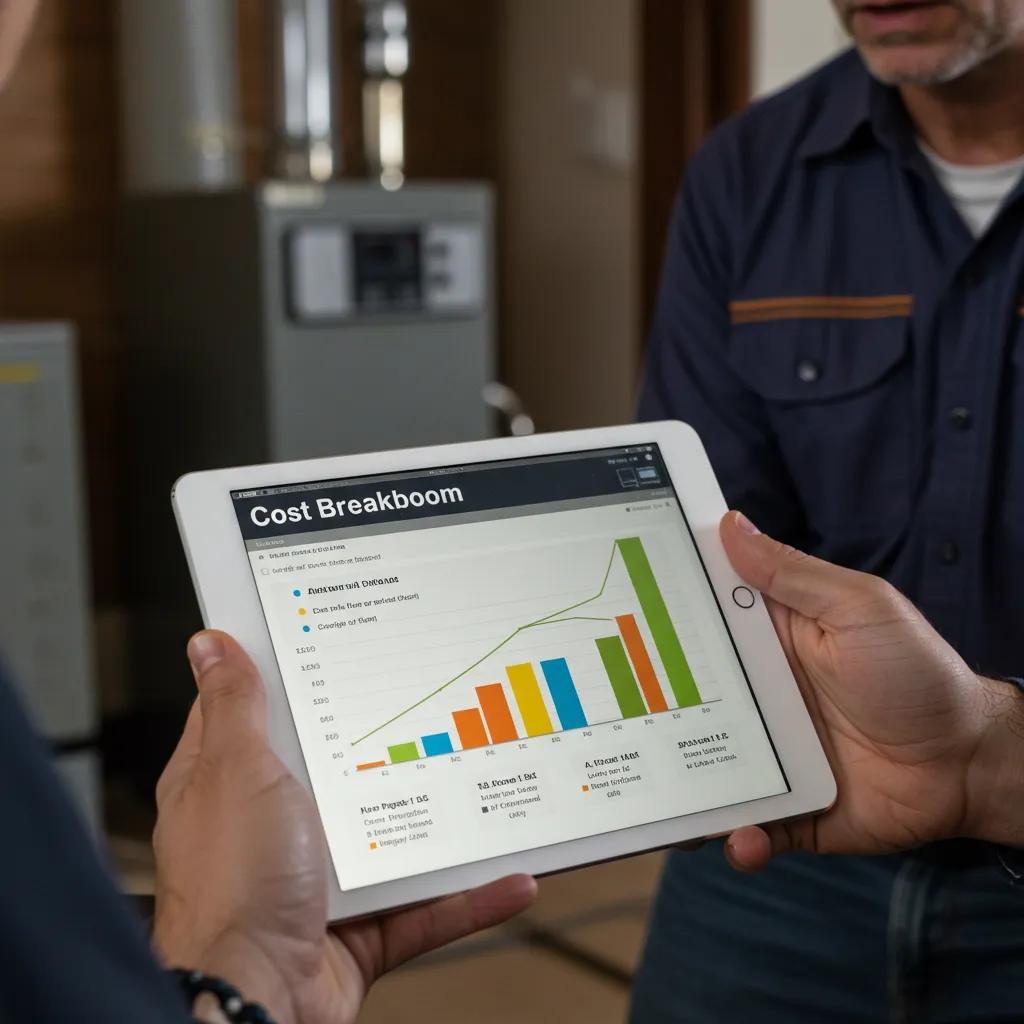 Technician explaining furnace installation cost breakdown to homeowner using a tablet