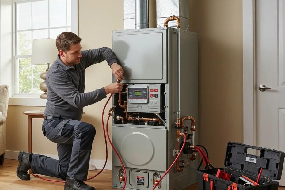 Technician installing a modern furnace in a cozy home, emphasizing home heating importance