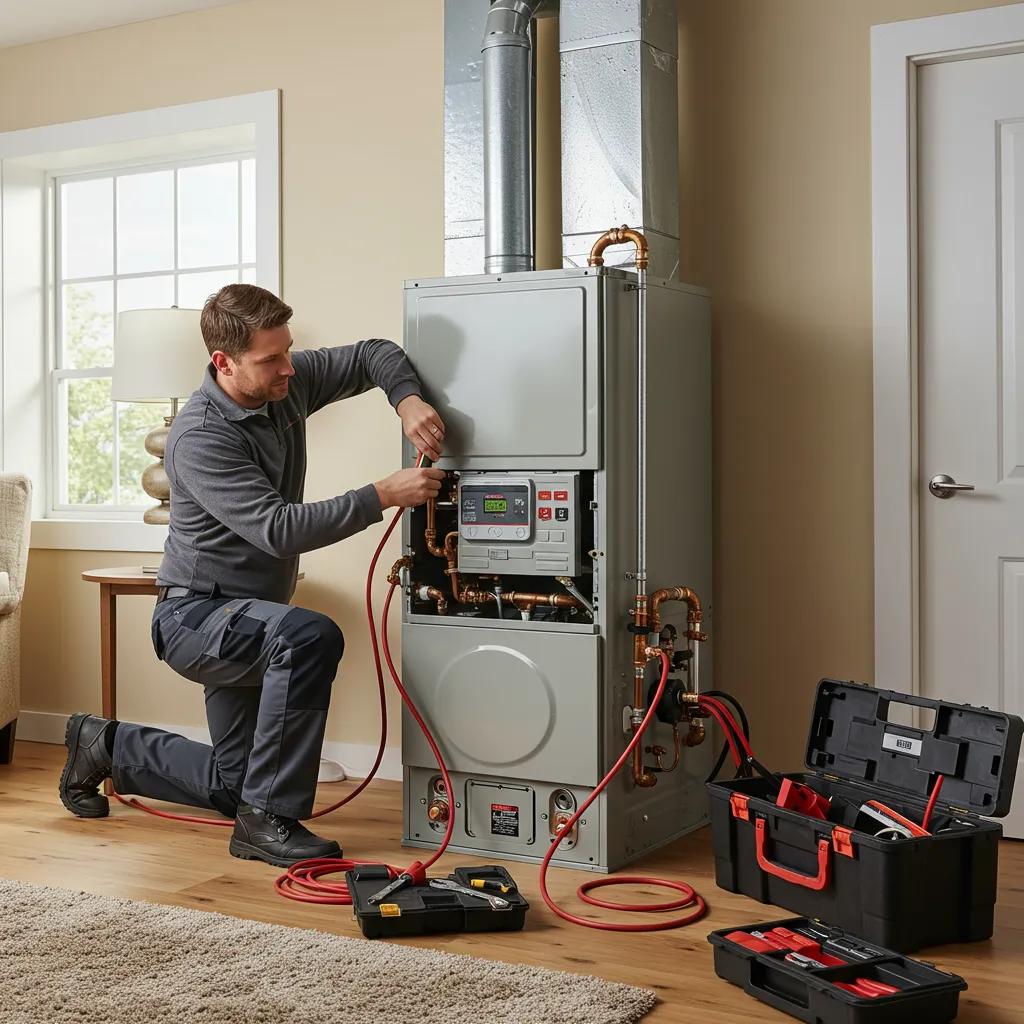 Technician installing a modern furnace in a cozy home, emphasizing home heating importance