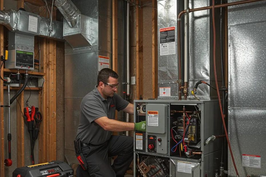Technician performing emergency HVAC repairs in a residential basement