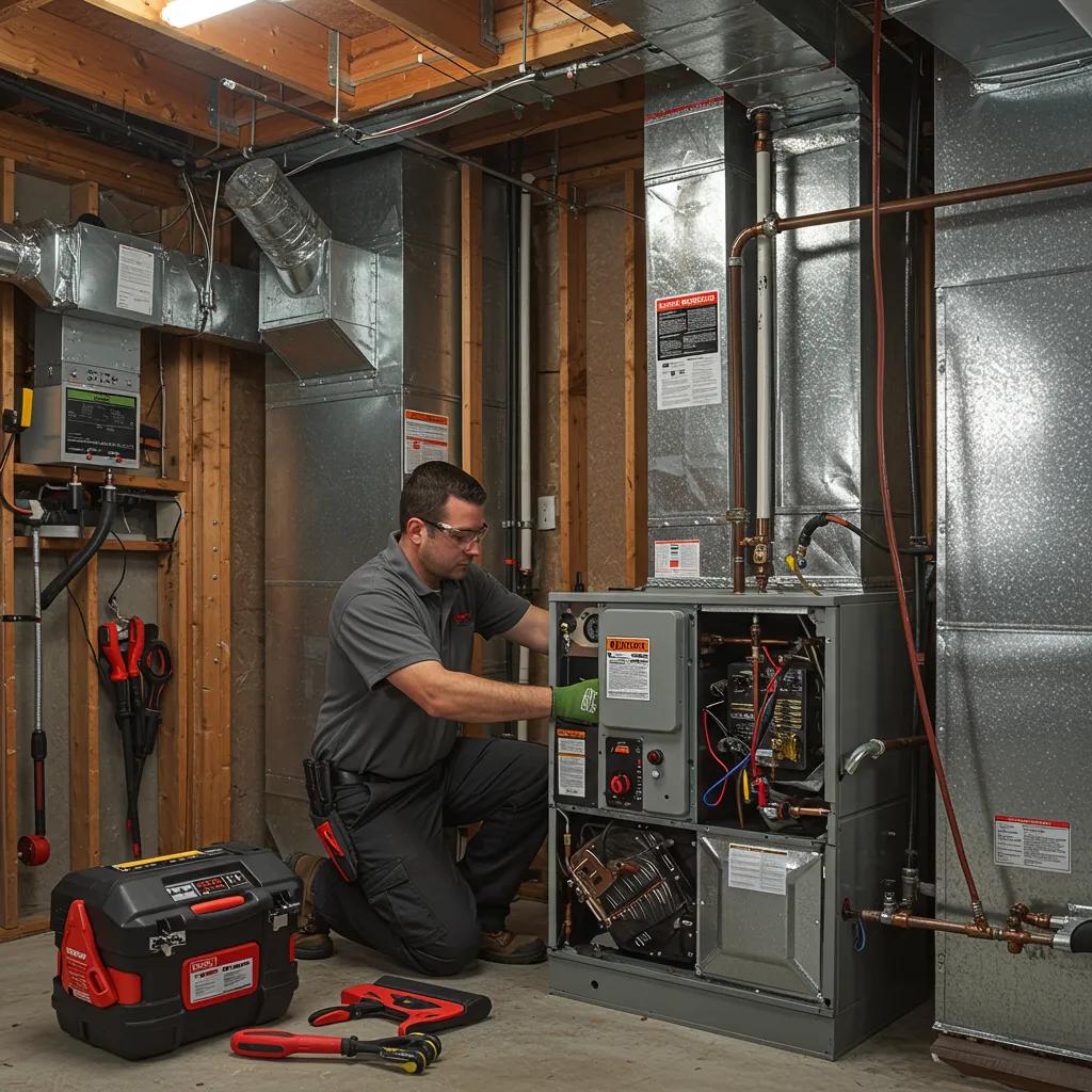 Technician performing emergency HVAC repairs in a residential basement