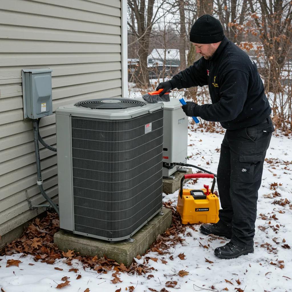 Technician performing HVAC winterization tasks, emphasizing essential steps for winter preparation