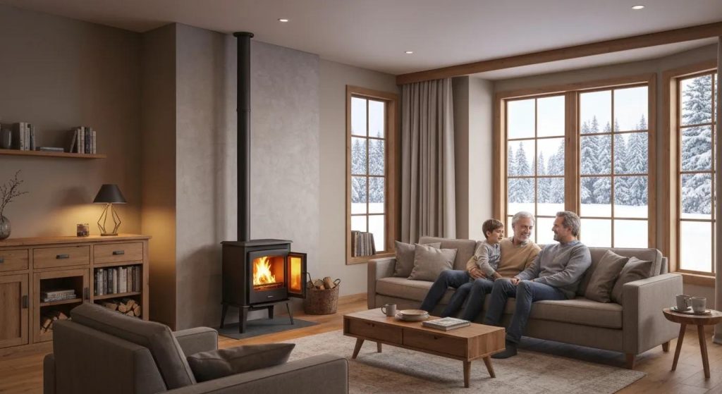 Cozy living room scene with family gathered around a wood stove, winter landscape visible through large windows, emphasizing warmth and comfort during cold months.
