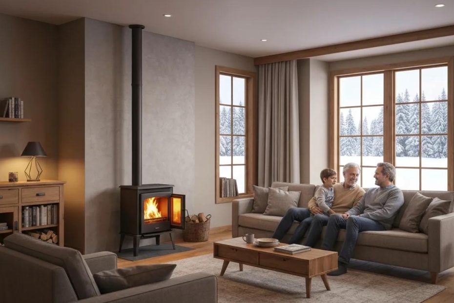 Cozy living room with a family enjoying warmth from a wood stove, surrounded by winter scenery through large windows, emphasizing comfort and heating solutions for winter HVAC needs.