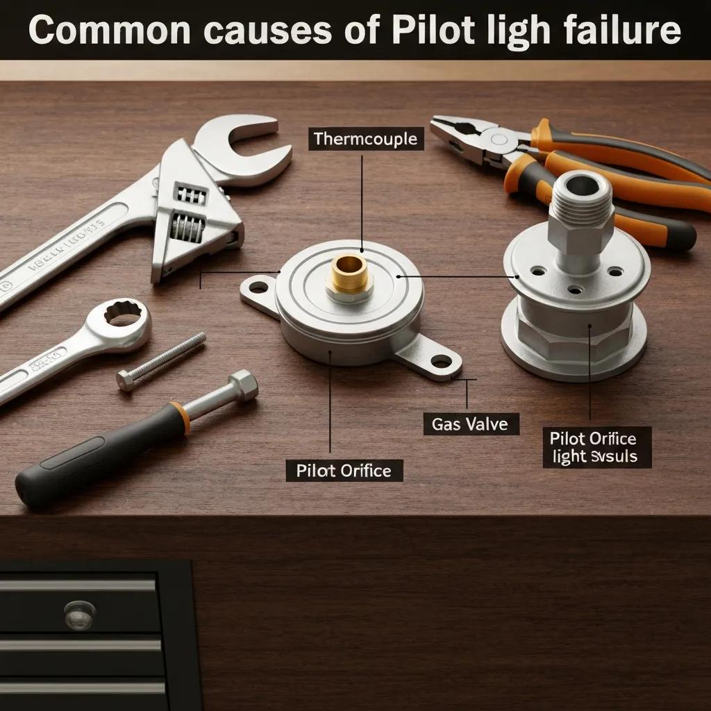 Common causes of pilot light failure including thermocouple, pilot orifice, and gas valve