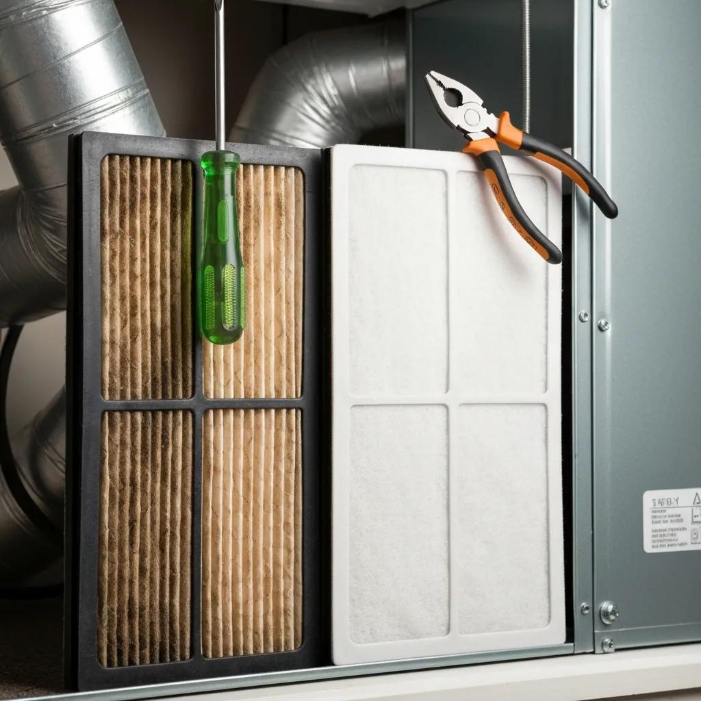 Comparison of a dirty air filter and a clean air filter in an HVAC setting