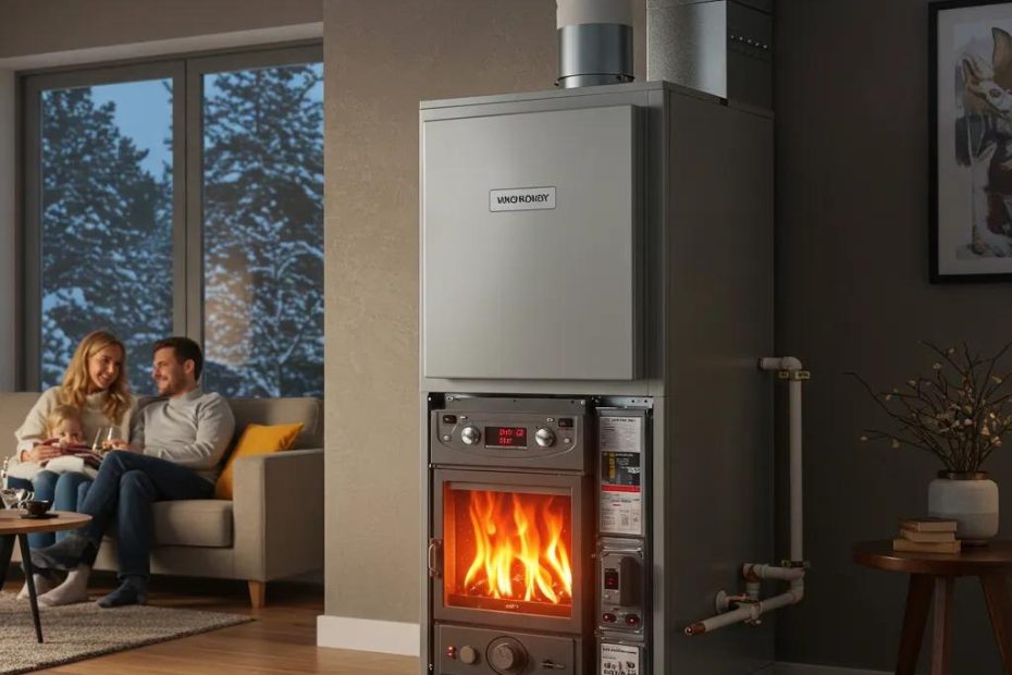 Cozy home interior featuring a modern furnace with visible flames, emphasizing winter comfort and the importance of HVAC maintenance for homeowners.