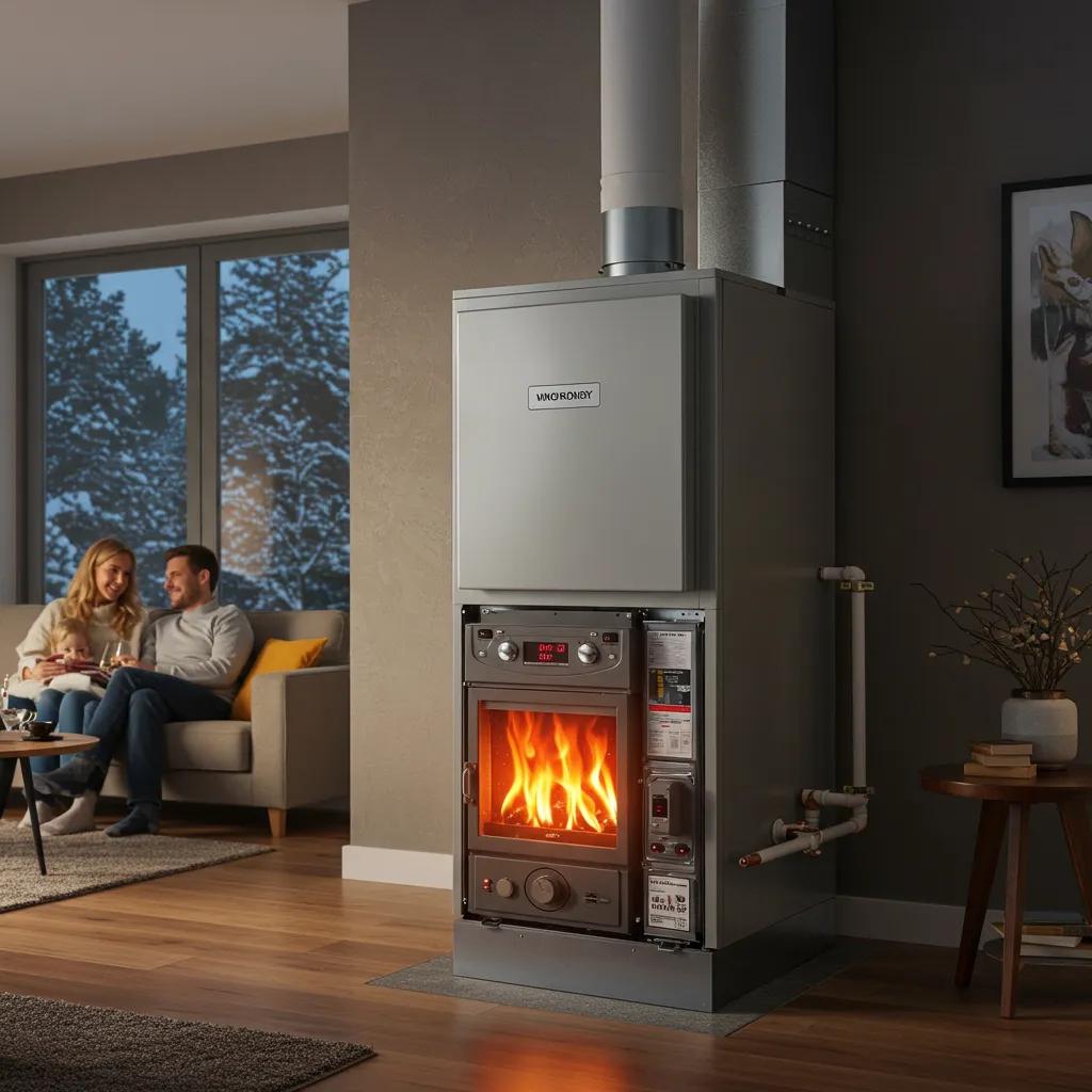 Cozy home interior featuring a modern furnace with visible flames, emphasizing winter comfort and HVAC maintenance, with a couple enjoying time together nearby.