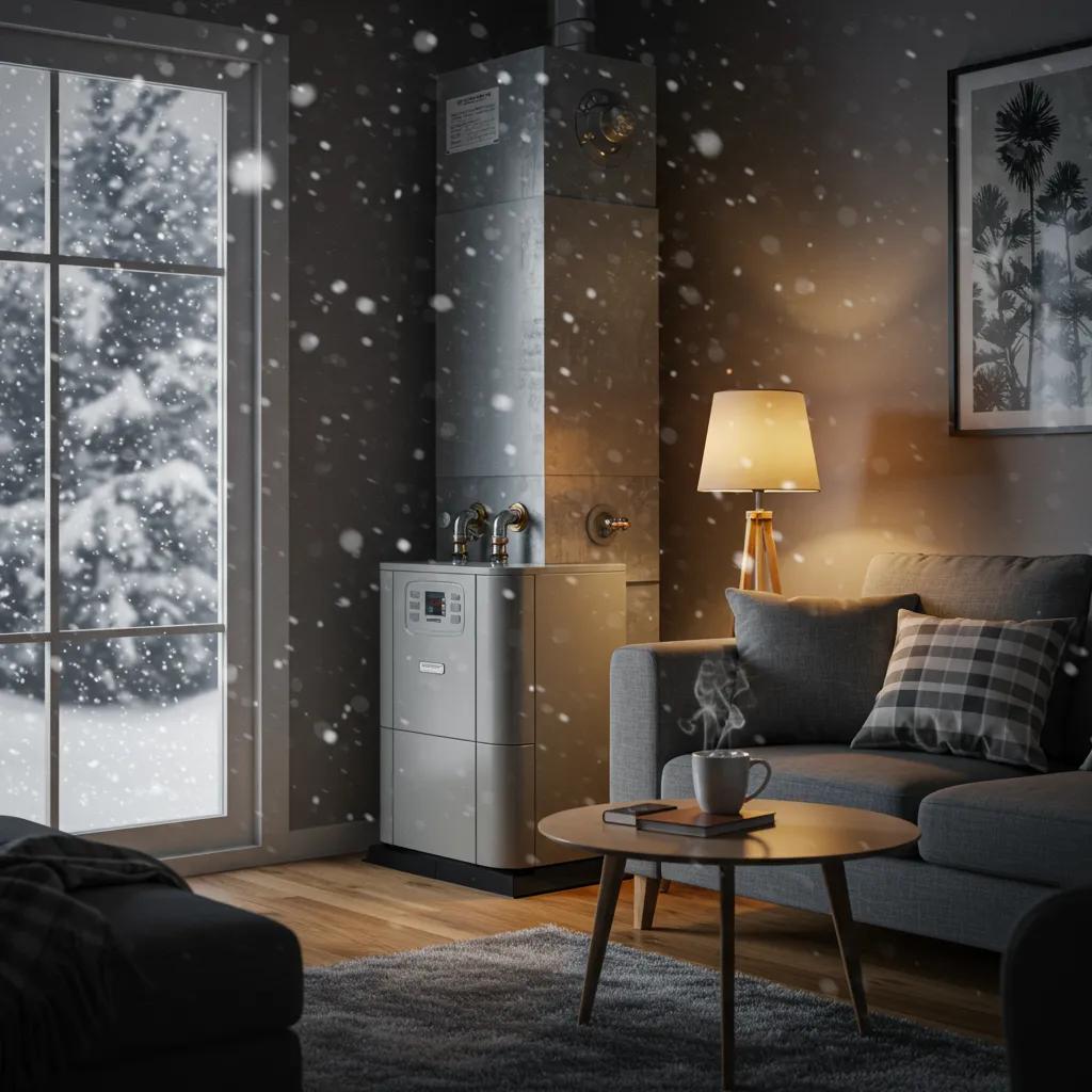Cozy living room with a furnace, snowstorm outside, emphasizing warmth, safety, and comfort during winter.
