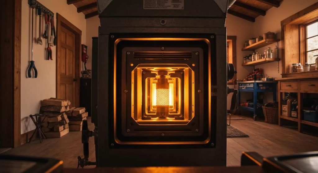 Gas furnace pilot light igniting main burner in a cozy home setting