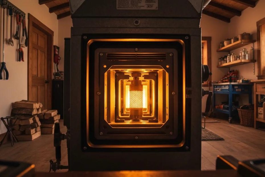 Gas furnace pilot light igniting main burner in a cozy home setting